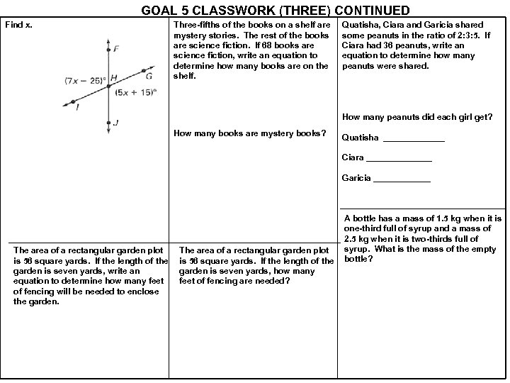 GOAL 5 CLASSWORK (THREE) CONTINUED Find x. Three-fifths of the books on a shelf