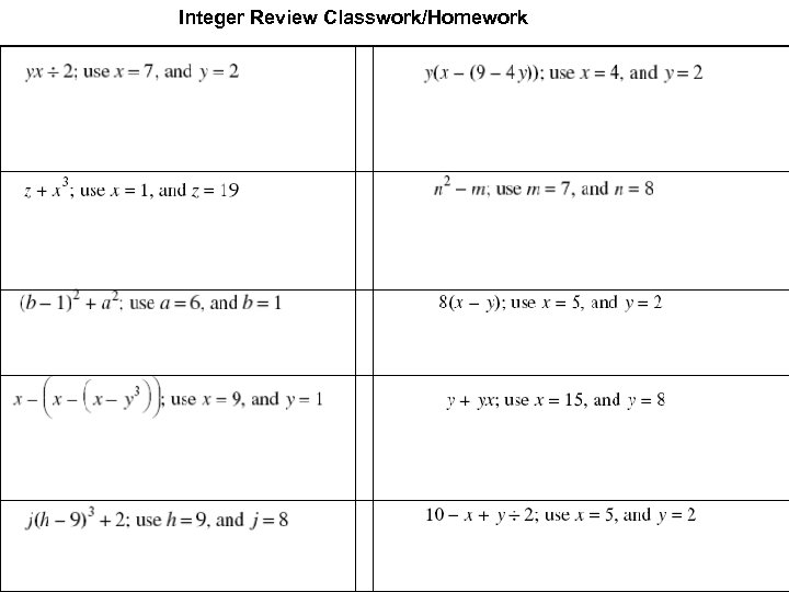 Integer Review Classwork/Homework 