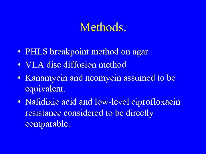 Methods. • PHLS breakpoint method on agar • VLA disc diffusion method • Kanamycin