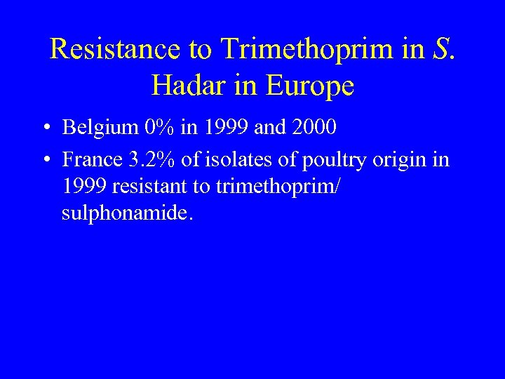 Resistance to Trimethoprim in S. Hadar in Europe • Belgium 0% in 1999 and