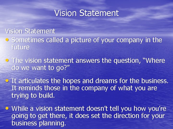 Vision Statement • Sometimes called a picture of your company in the future •