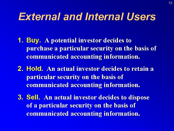 10 External and Internal Users 1. Buy. A potential investor decides to purchase a
