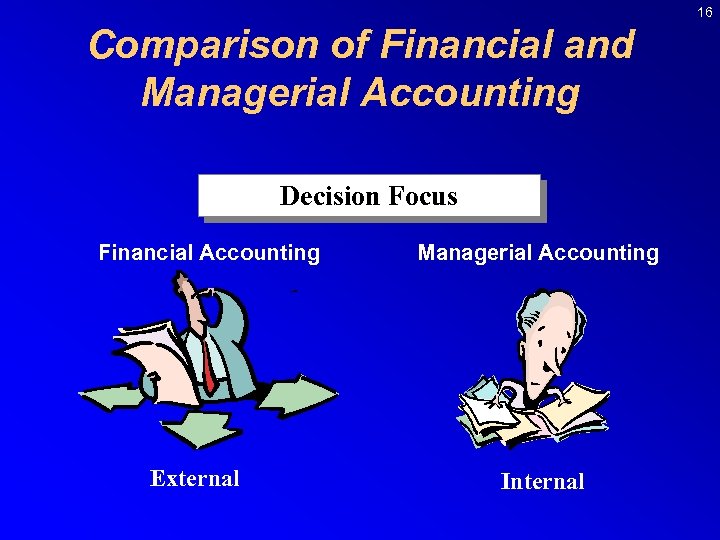 16 Comparison of Financial and Managerial Accounting Decision Focus Financial Accounting External Managerial Accounting