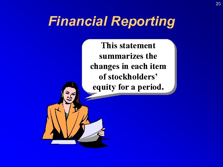 20 Financial Reporting This statement summarizes the changes in each item of stockholders’ equity