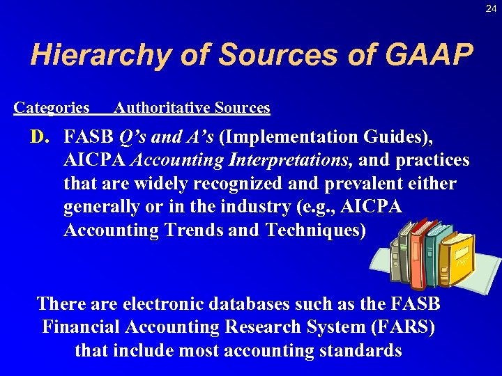24 Hierarchy of Sources of GAAP Categories Authoritative Sources D. FASB Q’s and A’s