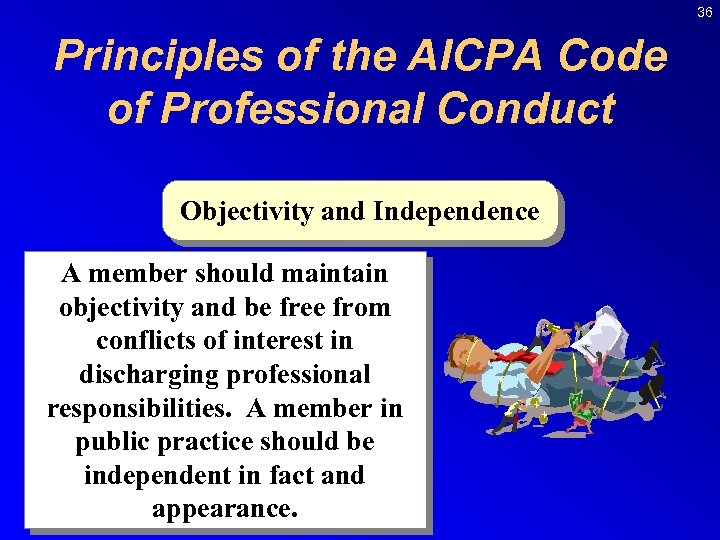 36 Principles of the AICPA Code of Professional Conduct Objectivity and Independence A member