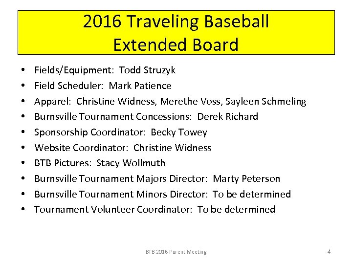 2016 Traveling Baseball Extended Board • • • Fields/Equipment: Todd Struzyk Field Scheduler: Mark