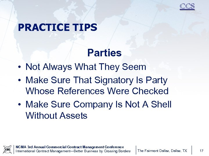 CCS PRACTICE TIPS Parties • Not Always What They Seem • Make Sure That