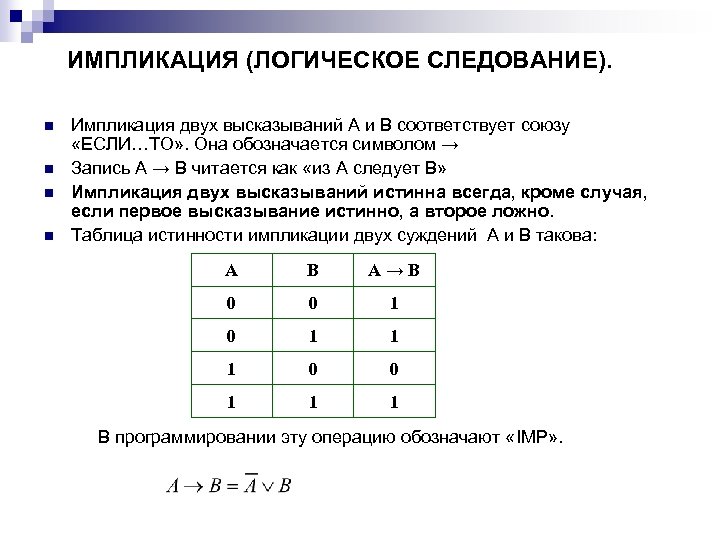 ИМПЛИКАЦИЯ (ЛОГИЧЕСКОЕ СЛЕДОВАНИЕ). n n Импликация двух высказываний А и В соответствует союзу «ЕСЛИ…ТО»