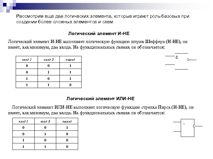 Рассмотрим еще два логических элемента, которые играют роль базовых при создании более сложных элементов