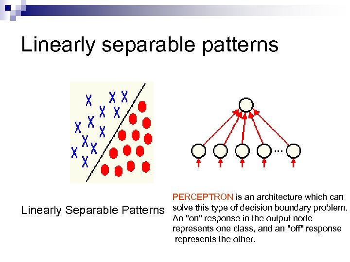 Linearly separable patterns Linearly Separable Patterns PERCEPTRON is an architecture which can solve this