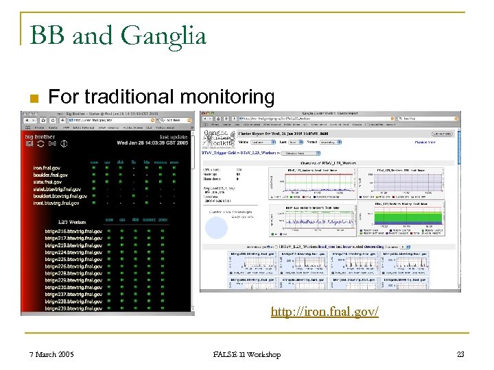 BB and Ganglia n For traditional monitoring http: //iron. fnal. gov/ 7 March 2005