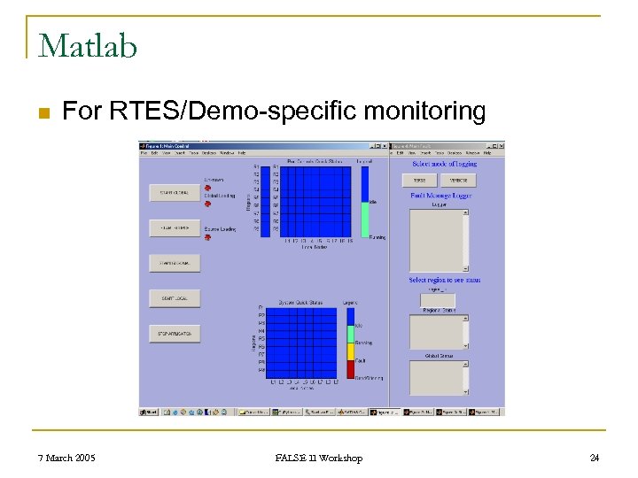 Matlab n For RTES/Demo-specific monitoring 7 March 2005 FALSE II Workshop 24 