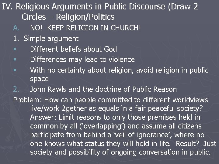 IV. Religious Arguments in Public Discourse (Draw 2 Circles – Religion/Politics A. NO! KEEP