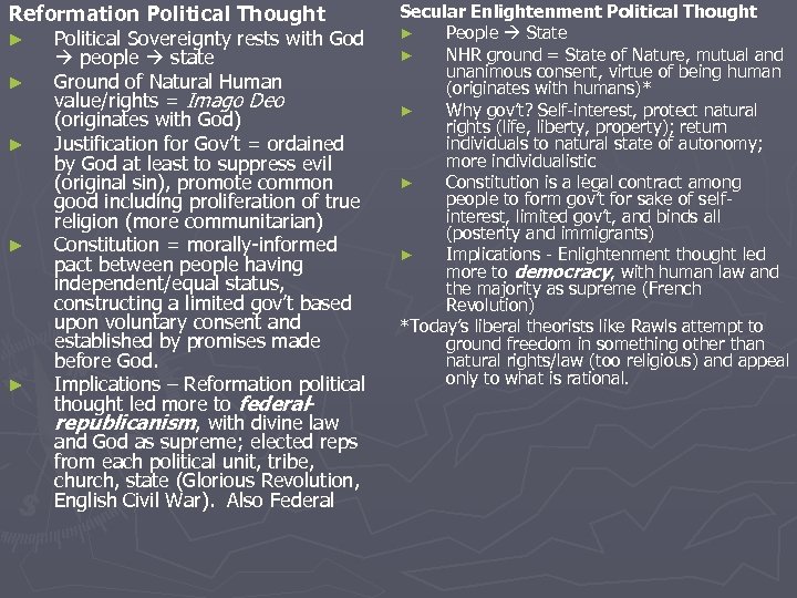 Reformation Political Thought ► Political Sovereignty rests with God people state ► Ground of