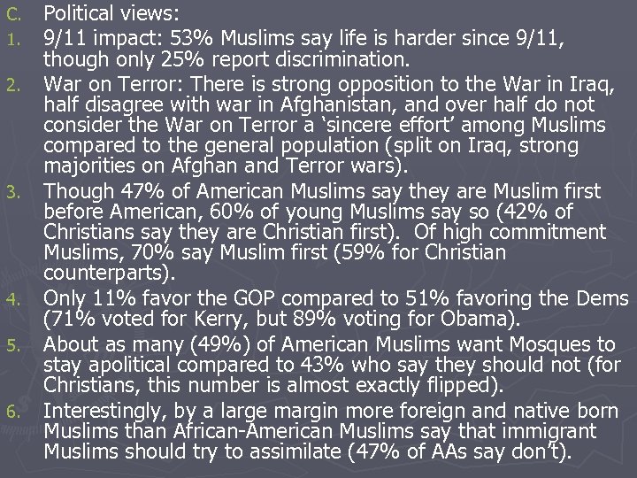 C. 1. 2. 3. 4. 5. 6. Political views: 9/11 impact: 53% Muslims say