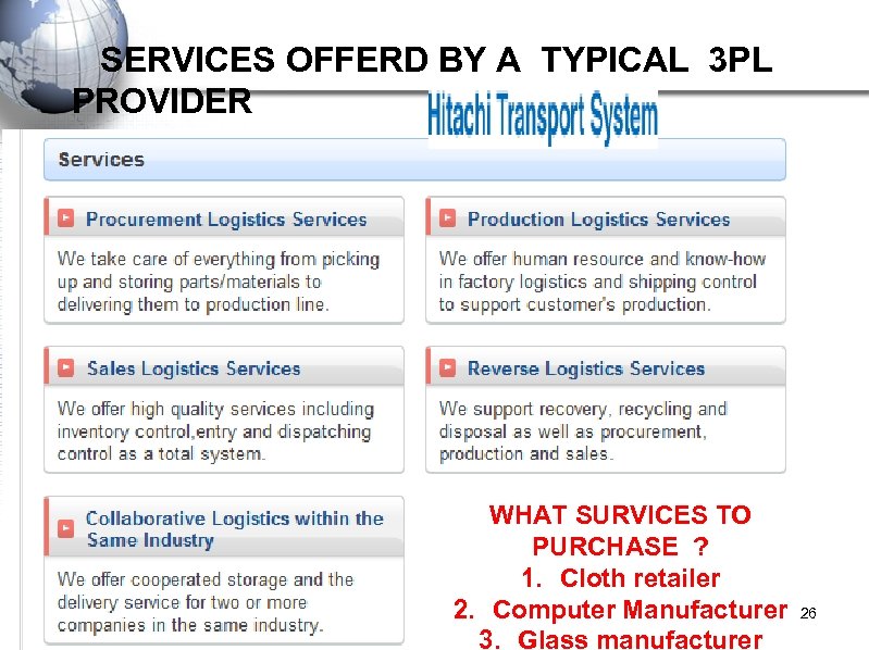  SERVICES OFFERD BY A TYPICAL 3 PL PROVIDER WHAT SURVICES TO PURCHASE ?