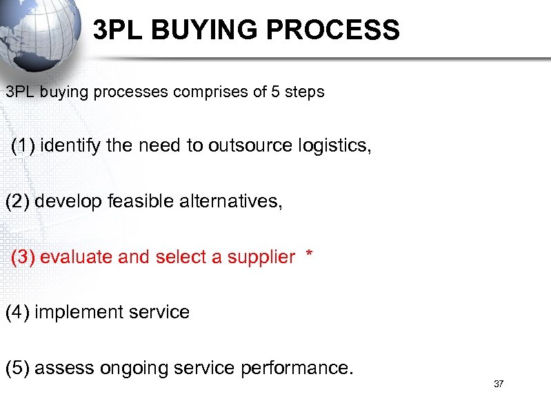 3 PL BUYING PROCESS 3 PL buying processes comprises of 5 steps (1) identify
