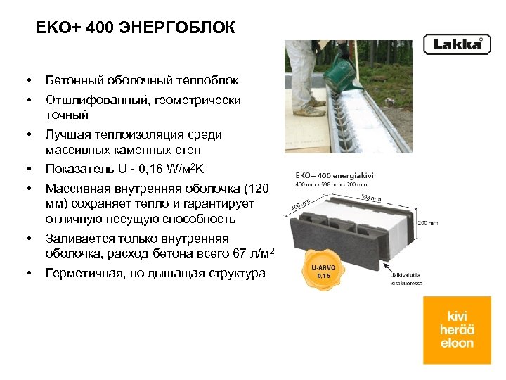 EKO+ 400 ЭНЕРГОБЛОК • • Бетонный оболочный теплоблок • Лучшая теплоизоляция среди массивных каменных