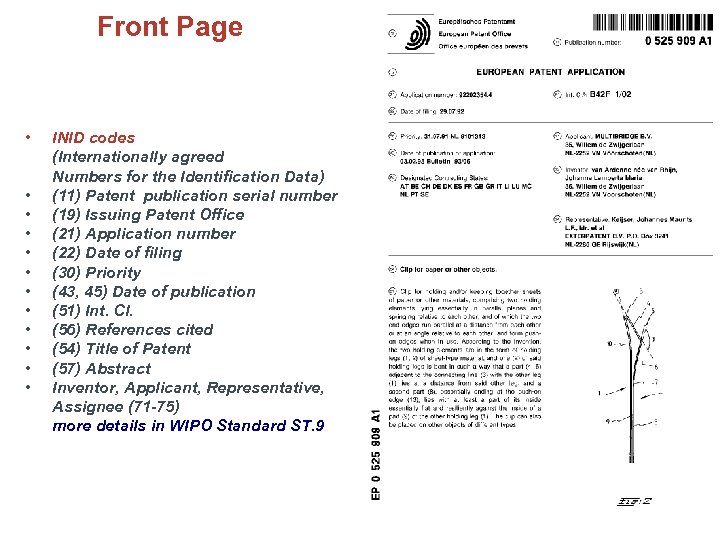 Front Page • • • INID codes (Internationally agreed Numbers for the Identification Data)