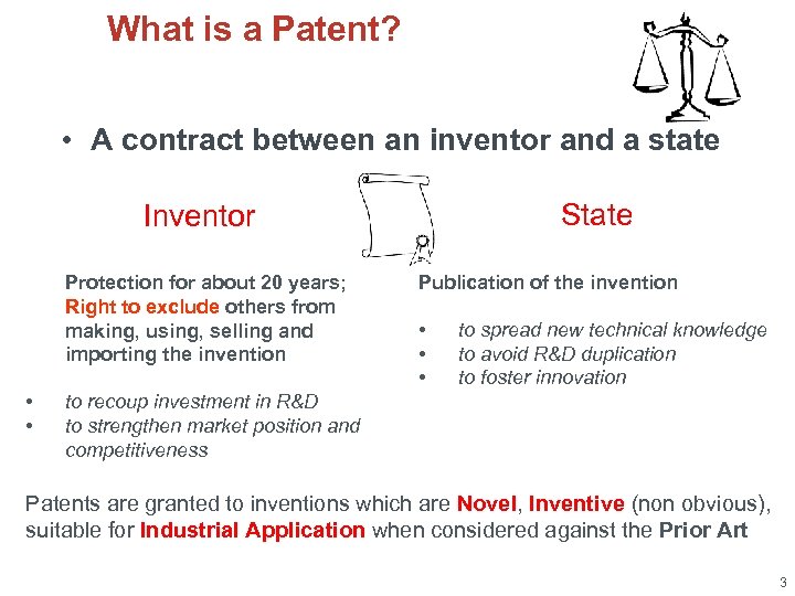 What is a Patent? • A contract between an inventor and a state State
