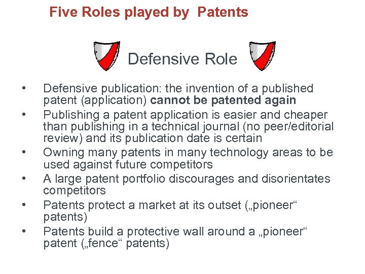 Five Roles played by Patents Defensive Role • • • Defensive publication: the invention