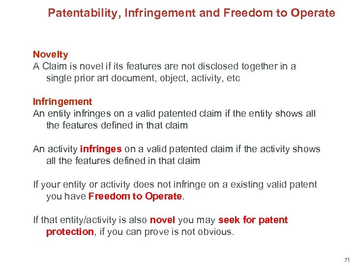 Patentability, Infringement and Freedom to Operate Novelty A Claim is novel if its features