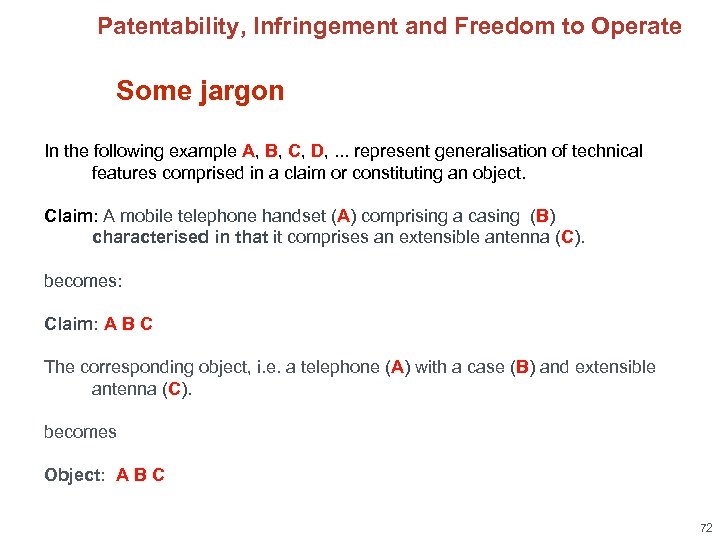 Patentability, Infringement and Freedom to Operate Some jargon In the following example A, B,