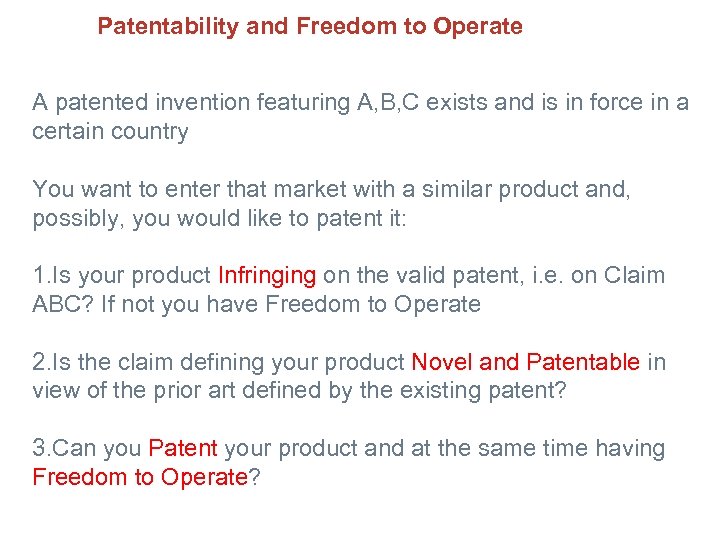 Patentability and Freedom to Operate A patented invention featuring A, B, C exists and