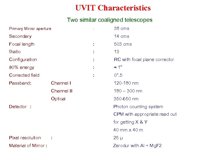 UVIT Characteristics Two similar coaligned telescopes Primary Mirror aperture : Secondary 38 cms 14