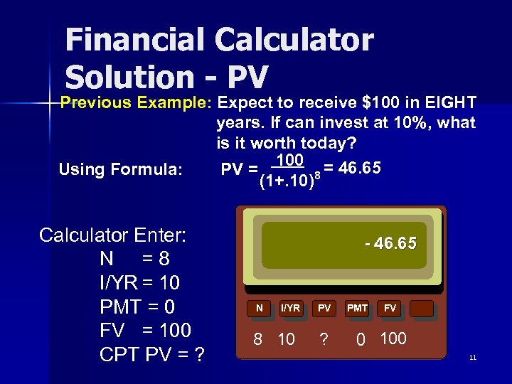 Financial Calculator Solution - PV Previous Example: Expect to receive $100 in EIGHT years.