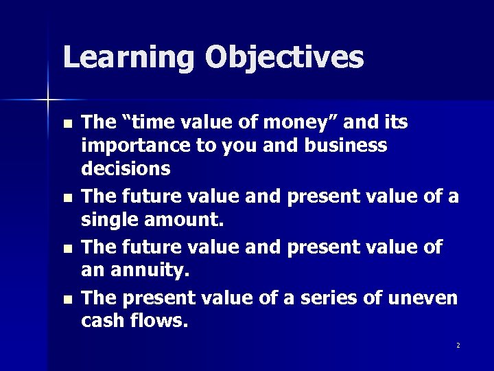 Learning Objectives n n The “time value of money” and its importance to you