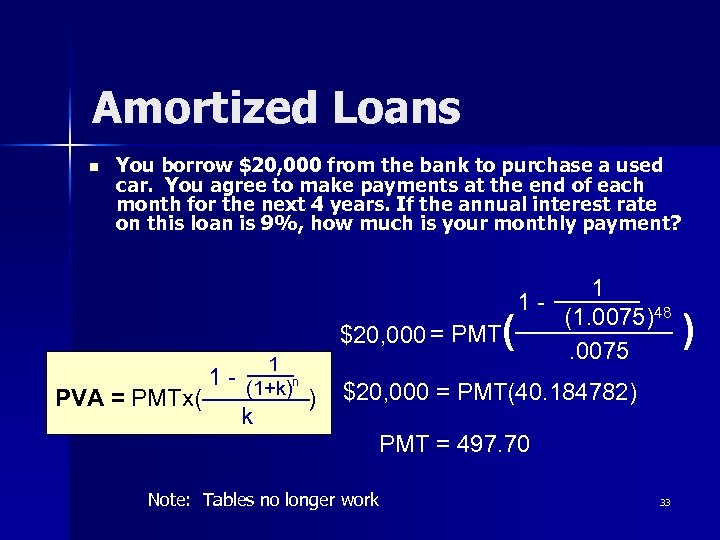 Amortized Loans n You borrow $20, 000 from the bank to purchase a used