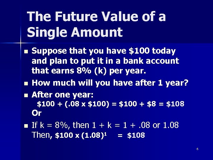 The Future Value of a Single Amount n n n Suppose that you have