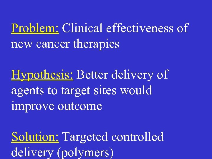 Problem: Clinical effectiveness of new cancer therapies Hypothesis: Better delivery of agents to target