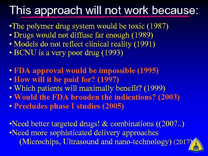 This approach will not work because: • The polymer drug system would be toxic