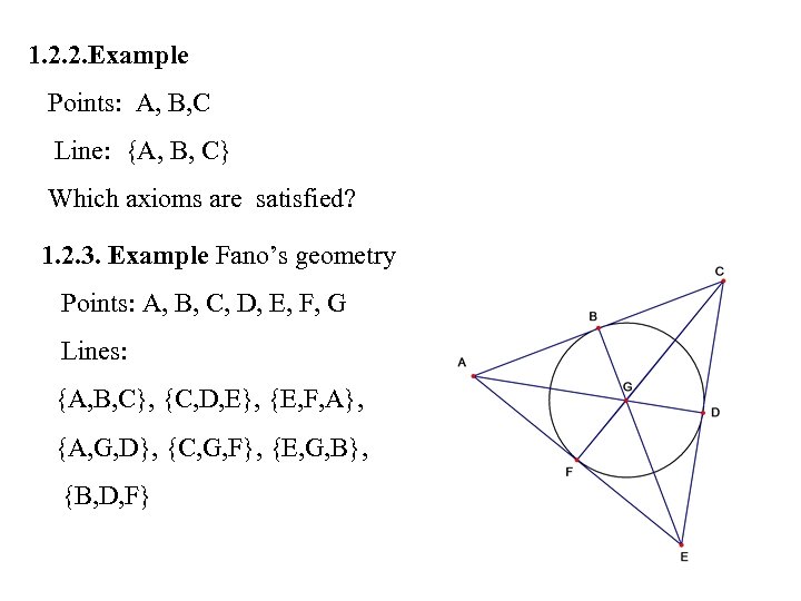 1. 2. 2. Example Points: A, B, C Line: {A, B, C} Which axioms