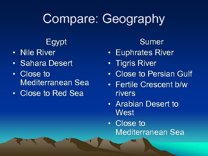 Compare: Geography • • Egypt Nile River Sahara Desert Close to Mediterranean Sea Close