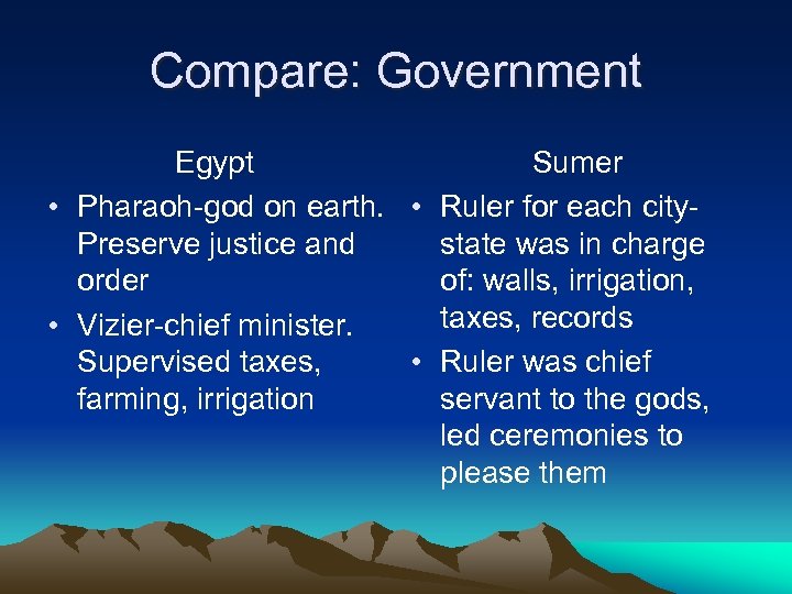 Compare: Government Egypt Sumer • Pharaoh-god on earth. • Ruler for each city. Preserve
