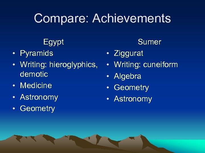 Compare: Achievements • • • Egypt Pyramids Writing: hieroglyphics, demotic Medicine Astronomy Geometry •