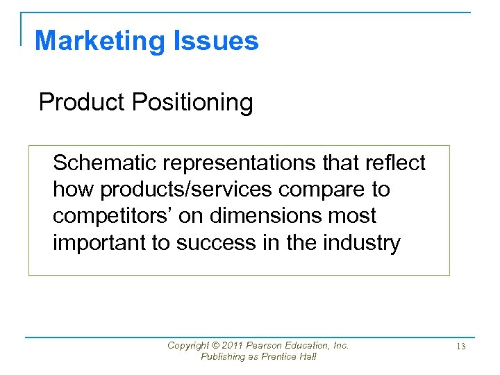 Marketing Issues Product Positioning Schematic representations that reflect how products/services compare to competitors’ on