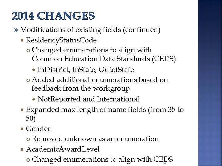 2014 CHANGES Modifications of existing fields (continued) Residency. Status. Code Changed enumerations to align