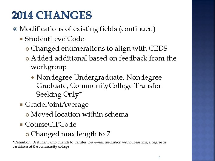 2014 CHANGES Modifications of existing fields (continued) Student. Level. Code Changed enumerations to align