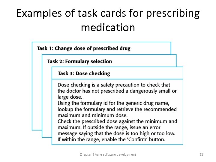 Examples of task cards for prescribing medication Chapter 3 Agile software development 22 