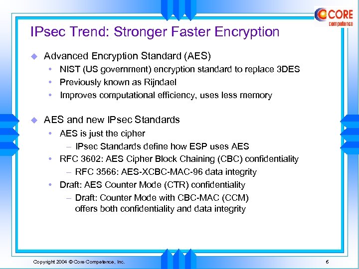 IPsec Trend: Stronger Faster Encryption u Advanced Encryption Standard (AES) • NIST (US government)