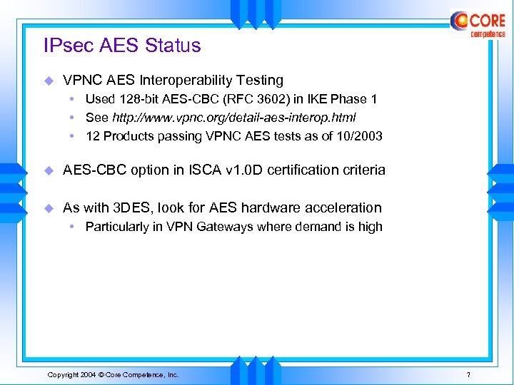 IPsec AES Status u VPNC AES Interoperability Testing • Used 128 -bit AES-CBC (RFC