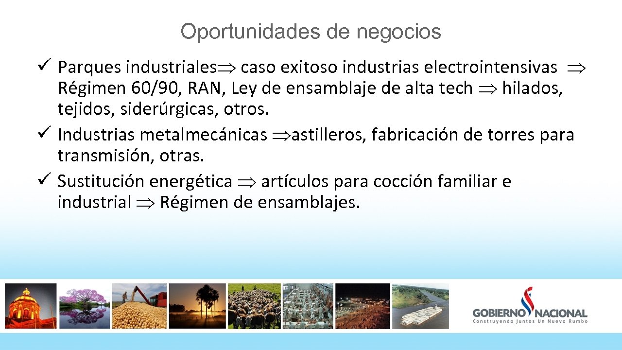 Oportunidades de negocios ü Parques industriales caso exitoso industrias electrointensivas Régimen 60/90, RAN, Ley