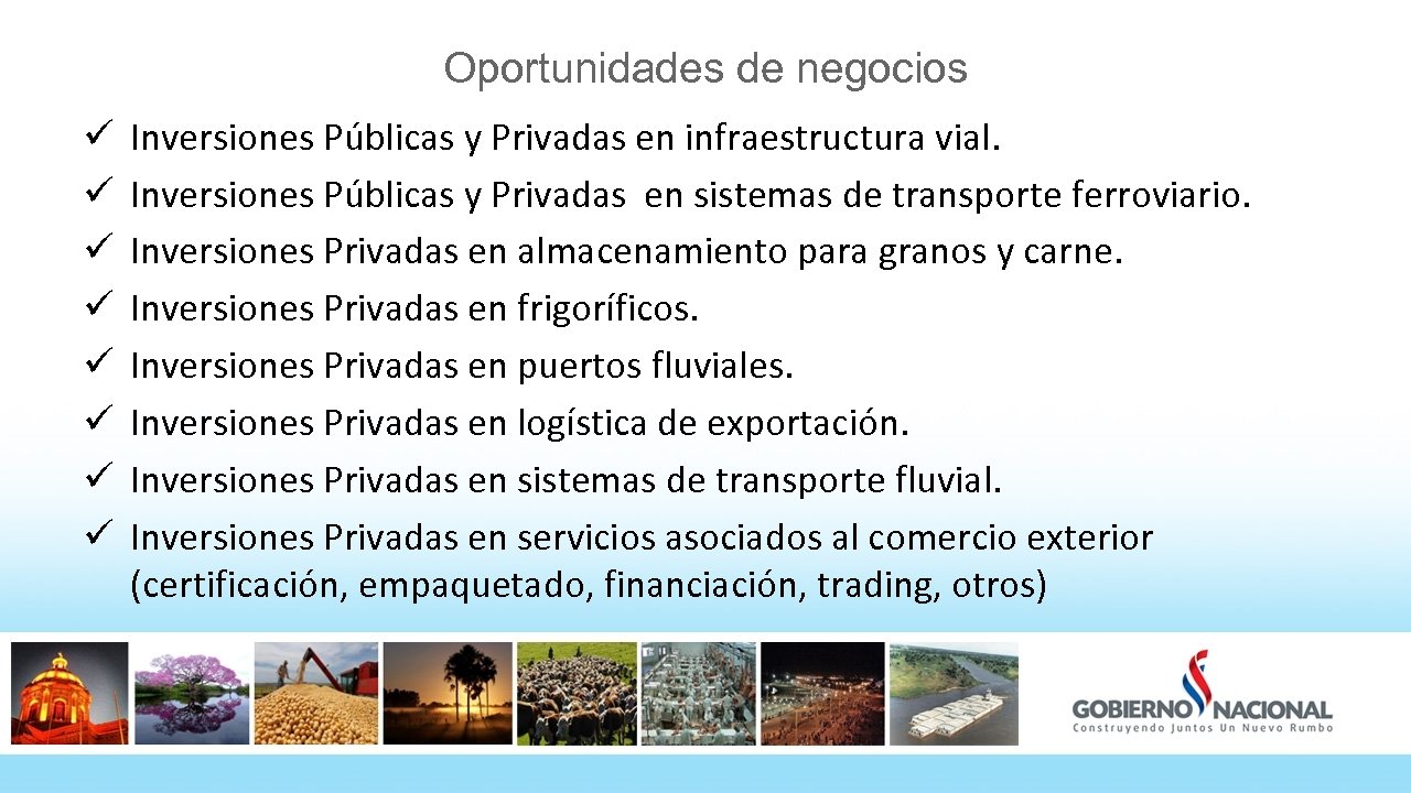 Oportunidades de negocios ü ü ü ü Inversiones Públicas y Privadas en infraestructura vial.