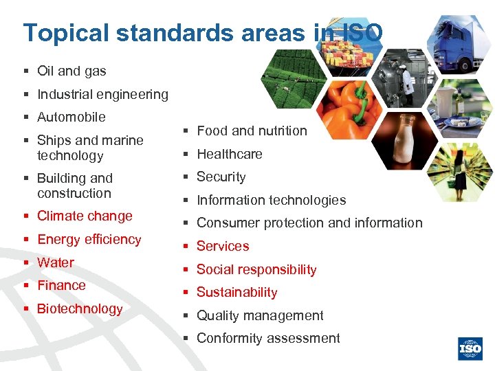 Topical standards areas in ISO § Oil and gas § Industrial engineering § Automobile