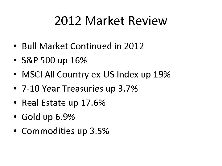 2012 Market Review • • Bull Market Continued in 2012 S&P 500 up 16%
